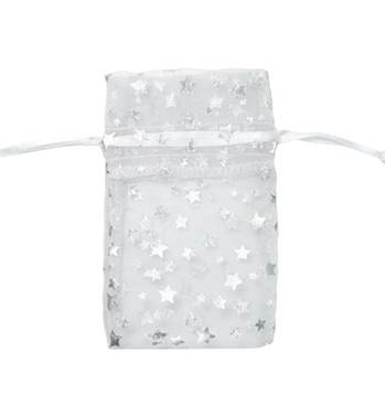 whit with silver stars organza drawstring bag 27225-bx